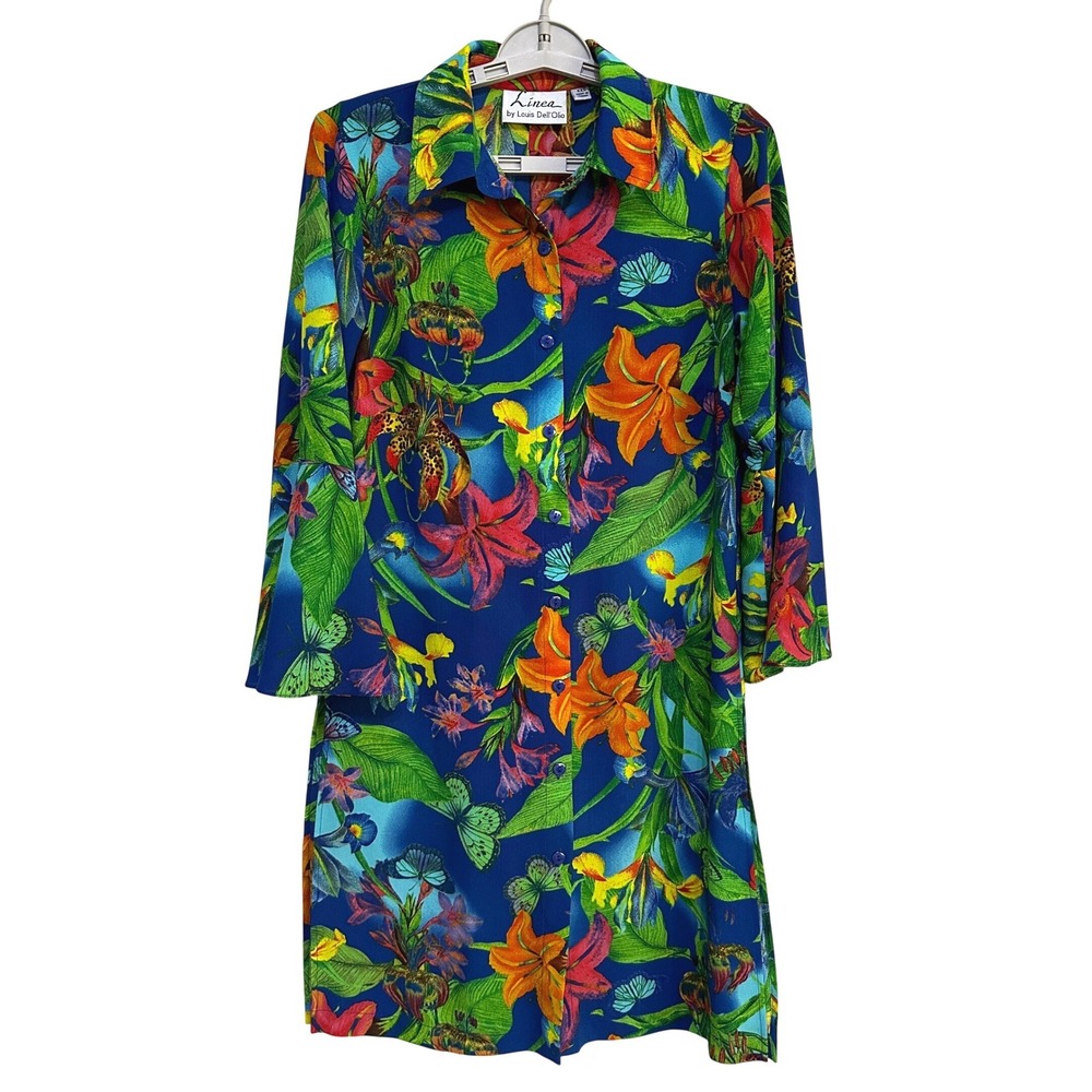 Psychedelic Retro Floral Button Front Tunic Dress XXS Bell Sleeve High Slit Y2K